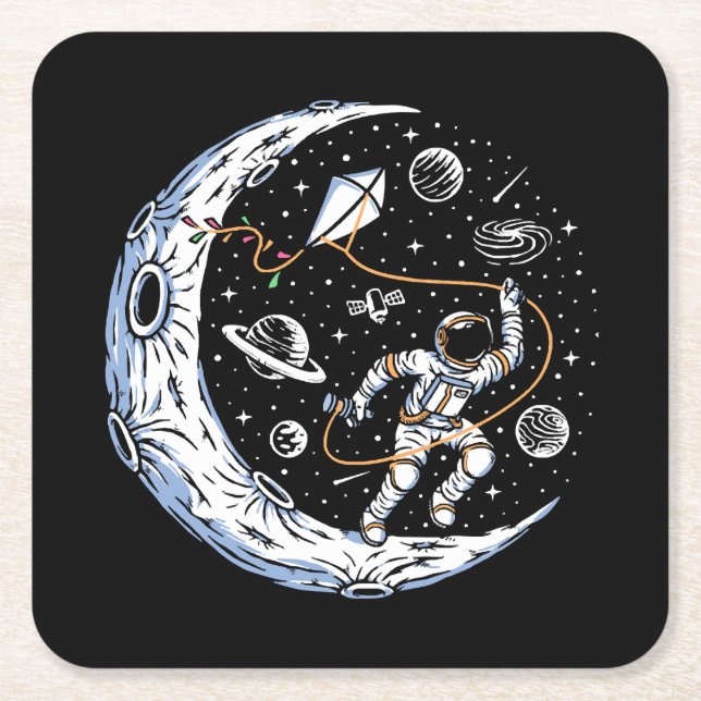 Astronaut Flyger en Drak på Månen Underlägg Papper Kvadrat (Framsidan)