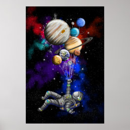 Astronaut flyter i rymden med ballonger poster