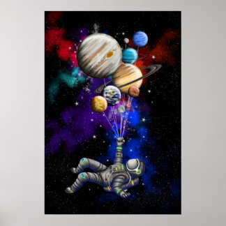 Astronaut flyter i rymden med ballonger poster