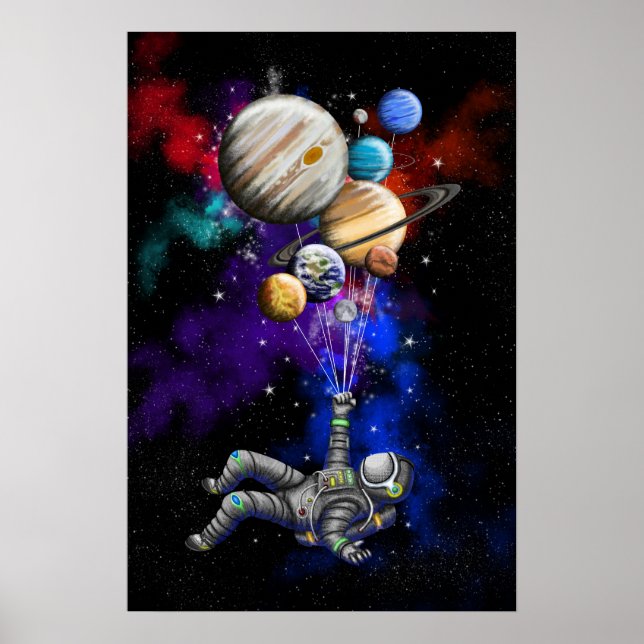 Astronaut flyter i rymden med ballonger poster (Framsidan)