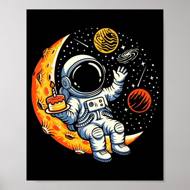 Astronaut Födelsedagsfest På Månen Födelsedagstårt Poster (Framsidan)