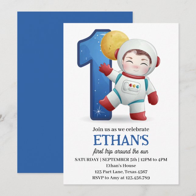 Astronaut första Resa runt Sol 1:a födelsedagen Inbjudningar (Fram/baksida)