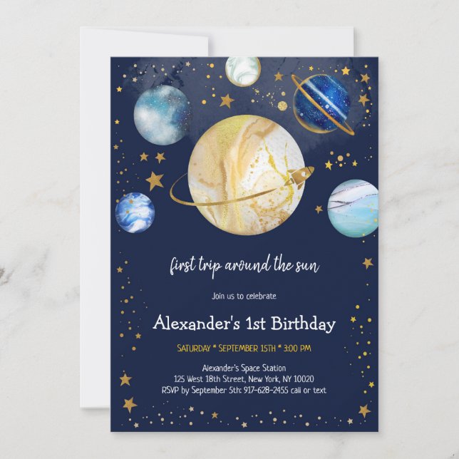 Astronaut Första Resan Runt Solen 1-årsdag Inbjudningar (Framsida)