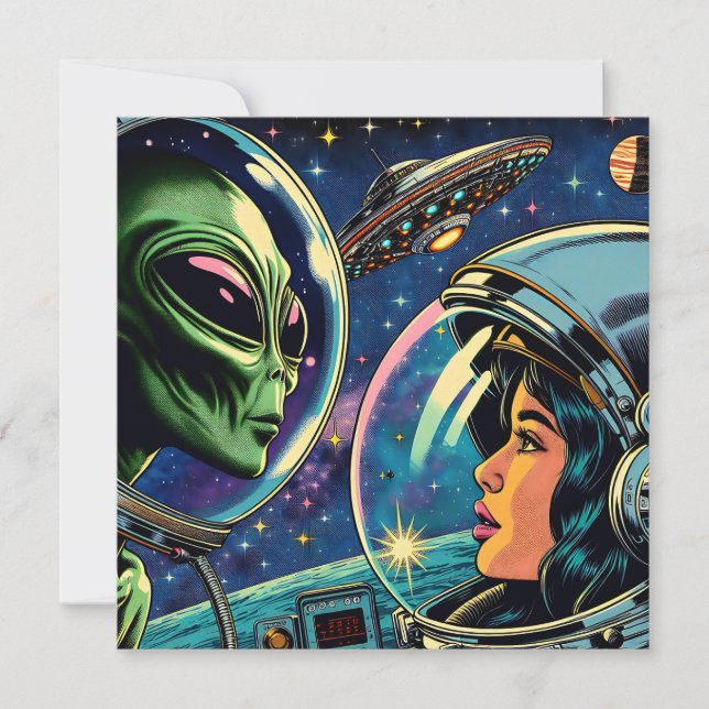 Astronaut från kvinnor möter utomjordisk Alien Kort (Framsida)