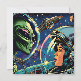 Astronaut från kvinnor möter utomjordisk Alien Kort