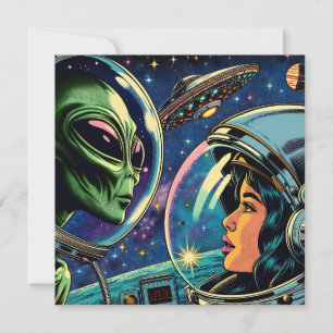 Astronaut från kvinnor möter utomjordisk Alien Kort