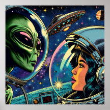 Astronaut från kvinnor möter utomjordisk Alien