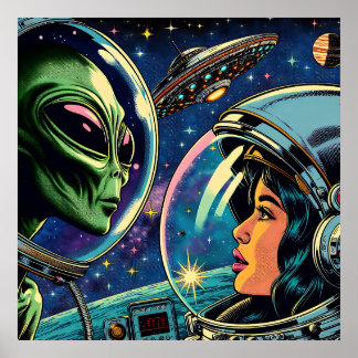 Astronaut från kvinnor möter utomjordisk Alien Poster