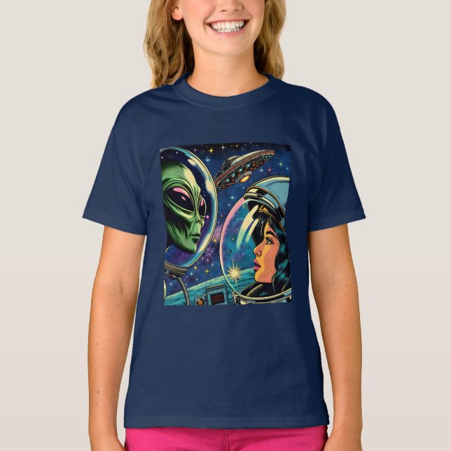 Astronaut från kvinnor möter utomjordisk Alien T Shirt (Framsida)