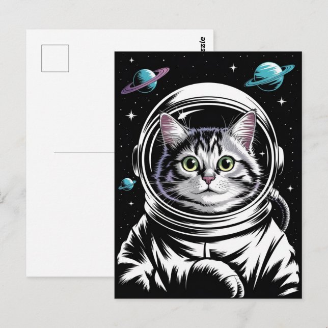 Astronaut Galax Planet Rymd Katt Kisse Kitty   Vykort (Fram/baksida)