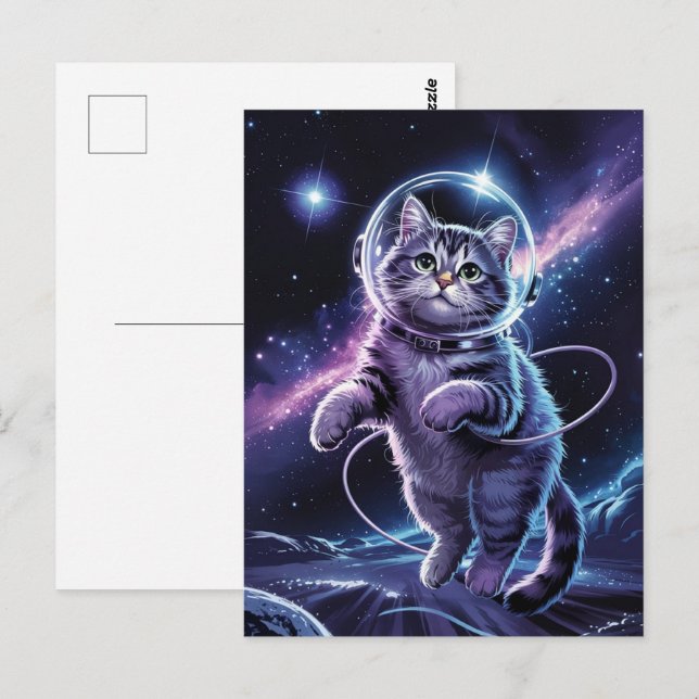 Astronaut Galax Planet Rymd Katt Kisse Kitty   Vykort (Fram/baksida)