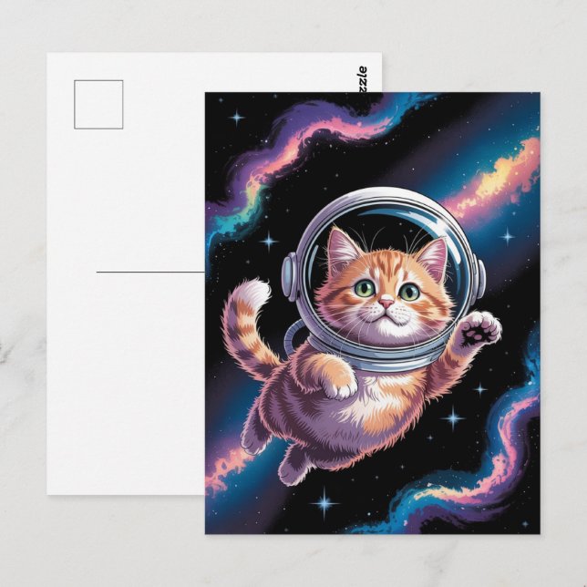 Astronaut Galax Planet Rymd Katt Kisse Kitty   Vykort (Fram/baksida)