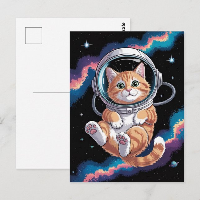 Astronaut Galax Planet Rymd Katt Kisse Kitty   Vykort (Fram/baksida)