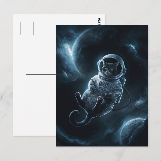 Astronaut Galax Planet Rymd Katt Kittel Kitty   Vykort (Fram/baksida)
