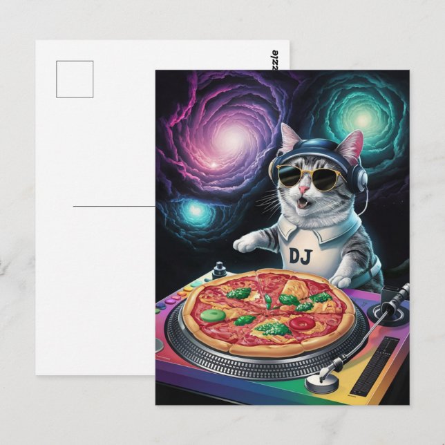 Astronaut Galaxy Planet Rymd Dj Katt Pizza Kitty   Vykort (Fram/baksida)
