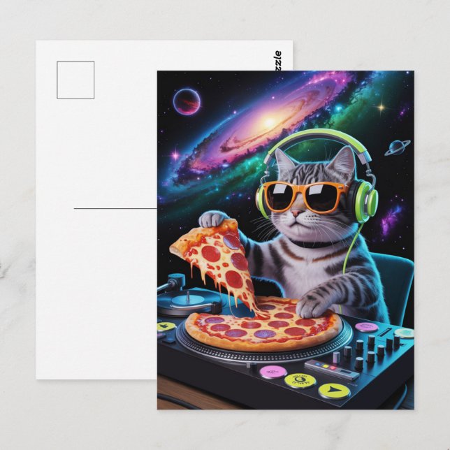 Astronaut Galaxy Planet Rymd Dj Katt Pizza Kitty   Vykort (Fram/baksida)