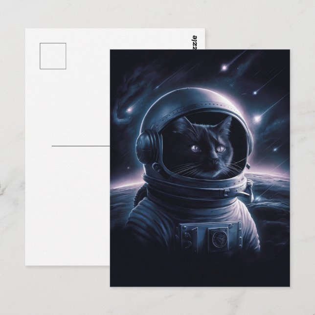 Astronaut Galaxy Planet Rymd Katt Kattunge Kitty   Vykort (Fram/baksida)