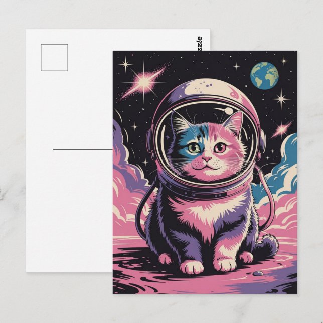 Astronaut Galaxy Planet Rymd Katt Kittel Kattunge  Vykort (Fram/baksida)