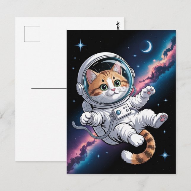 Astronaut Galaxy Planet Space Cat Kitten Kitty   Vykort (Fram/baksida)