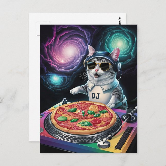 Astronaut Galaxy Planet Space Dj Cat Pizza Kitty   Vykort (Fram/baksida)