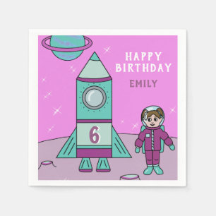 Astronaut Girl and Rocket Måne Space Birthday Pappersservett