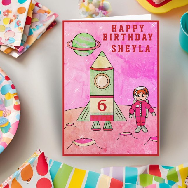 Astronaut Girl Måne i Space Cute Grattis på födels Kort (Skapare uppladdad)