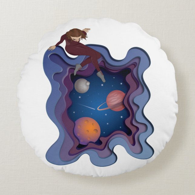 Astronaut Girl Space Gazing Rund Kudde (Framsidan)
