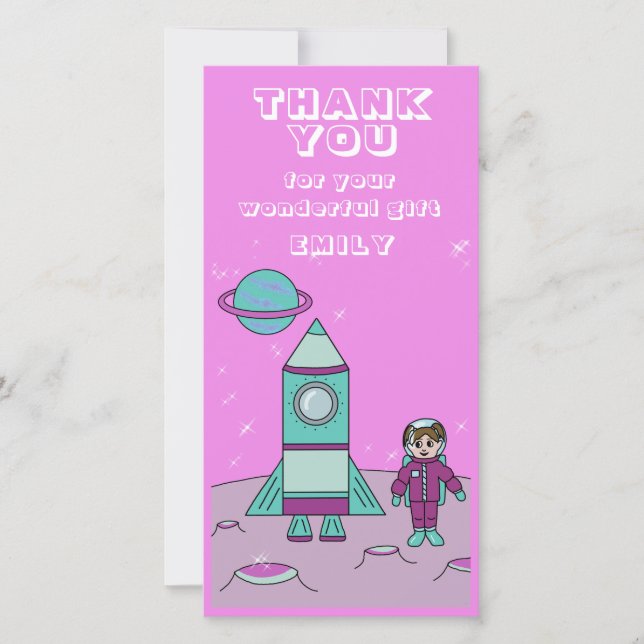 Astronaut Girl Space Rocket Rosa Birthday Tack Kort (Framsida)