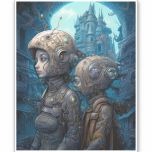 Astronaut Girls Surreal Science fiction Klistermärken