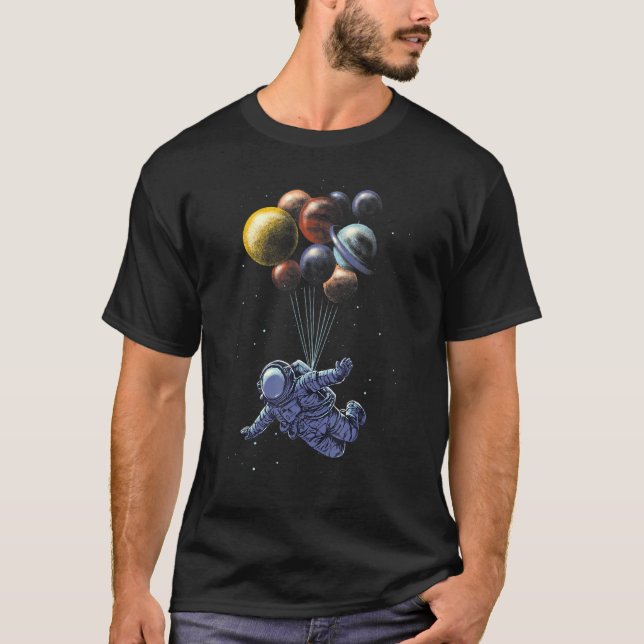 Astronaut Holding Planet Balloons Solar System Spa T Shirt (Framsida)