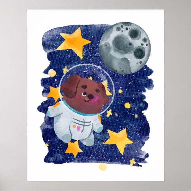 Astronaut Hund Vattenfärg Rymden Stjärnor Planet B Poster (Framsidan)
