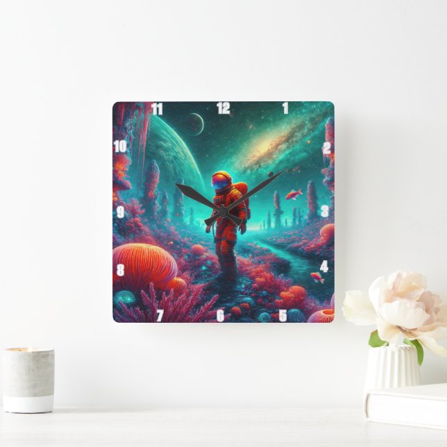 Astronaut i Alien Fantasy Fyrkantig Klocka (Hem)