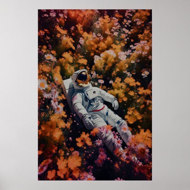 Astronaut i blommor konsttryck gotisk science fict poster (Framsidan)