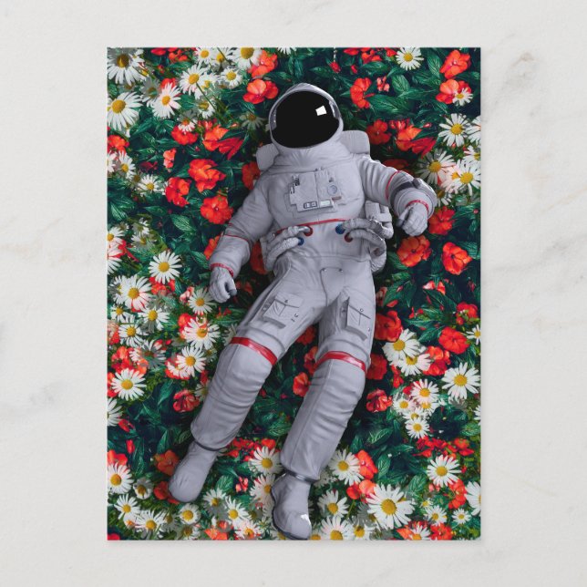 Astronaut i röda och vita blommor vykort (Framsida)