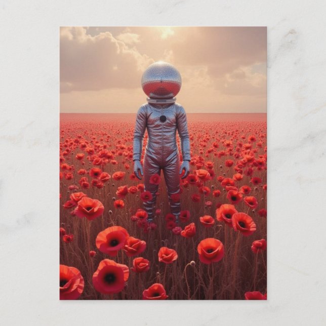 Astronaut i röda vallmoblommor vykort (Framsida)