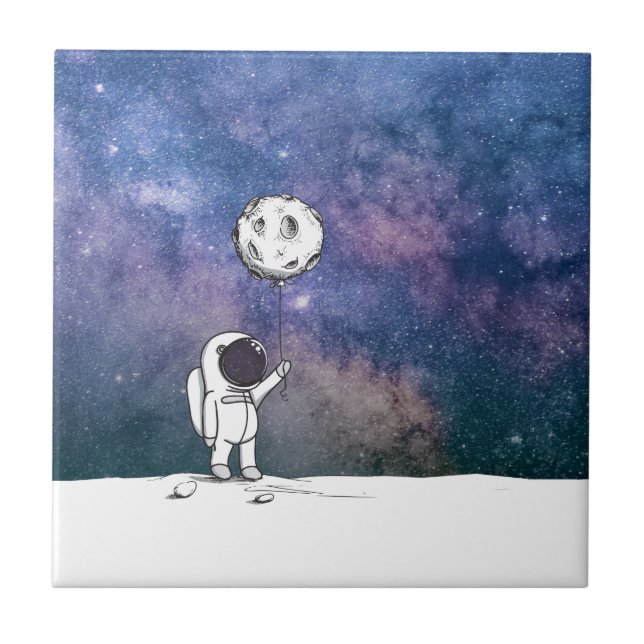 Astronaut i rymden med måne-ballongcosmos stjärnor kakelplatta (Framsidan)