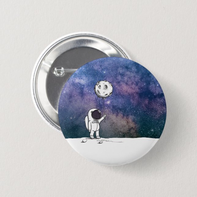 Astronaut i rymden med måne-ballongcosmos stjärnor knapp (Framsida & baksida)