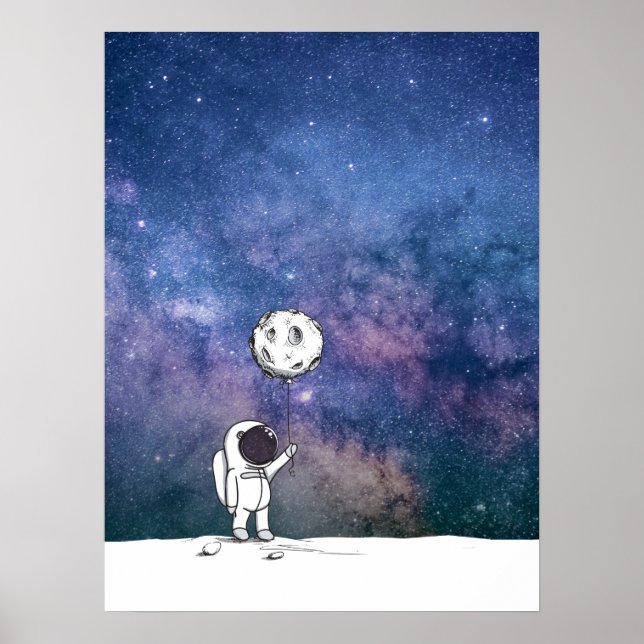 Astronaut i rymden med måne-ballongcosmos stjärnor poster (Framsidan)