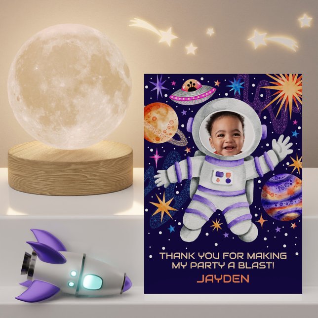 Astronaut i Rymden med Planets & UFO-foto Tack Kort (Astronaut in Outer Space with Planets & UFO Photo Thank You Card)