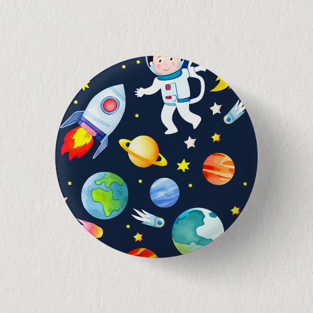 Astronaut i rymden planeter och raketer mönster knapp (Framsida)
