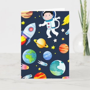 Astronaut i rymden planeter och raketer mönster kort