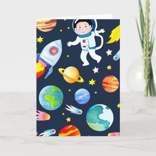 Astronaut i rymden planeter och raketer mönster kort (Framsida)