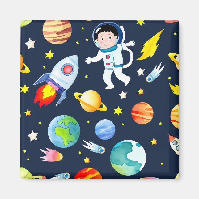 Astronaut i rymden planeter och raketer mönster magnet (Framsidan)