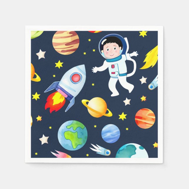 Astronaut i rymden planeter och raketer mönster pappersservett (Framsidan)