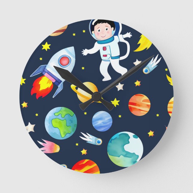 Astronaut i rymden planeter och raketer mönster rund klocka (Framsida)