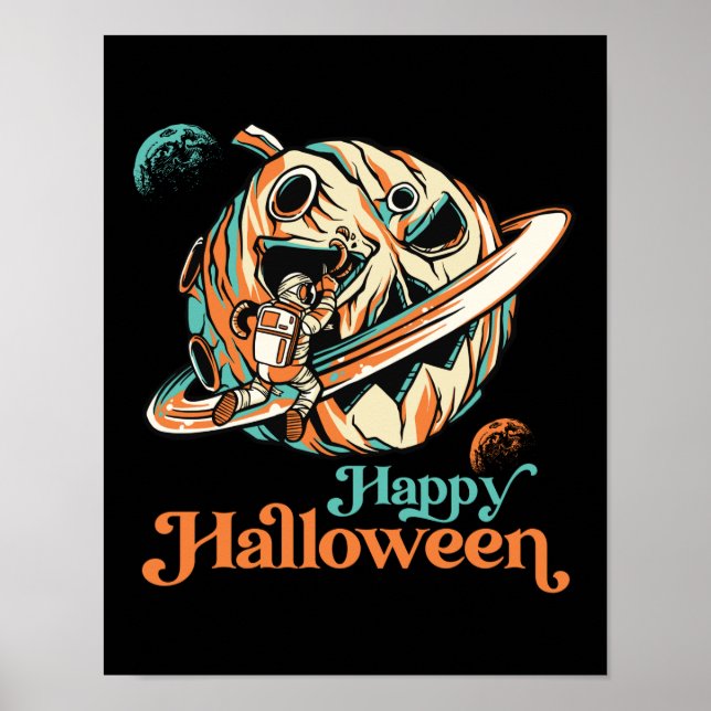Astronaut i Rymden Pumpkin Planet Halloween Poster (Framsidan)