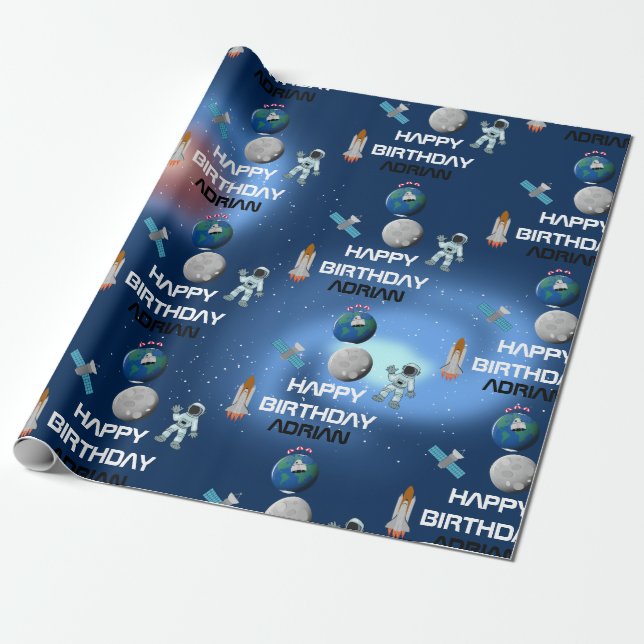 Astronaut i Space Galaxy Theme Birthday Namn Presentpapper (Utrullad)