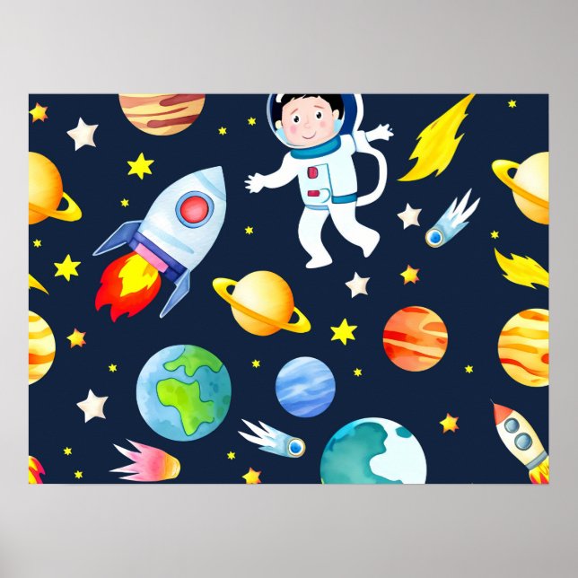 Astronaut in Space Planets and Rockets Pattern Poster (Framsidan)