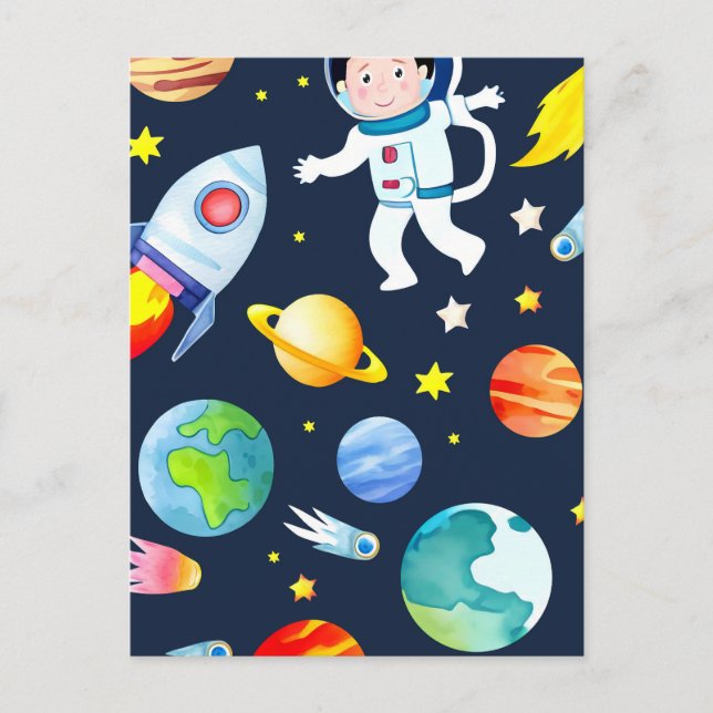 Astronaut in Space Planets and Rockets Pattern Vykort (Framsida)