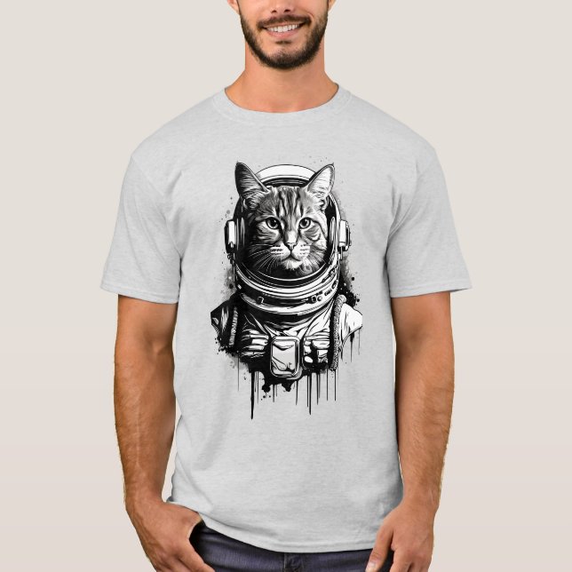 Astronaut Katt Bläck Konst T Shirt (Framsida)